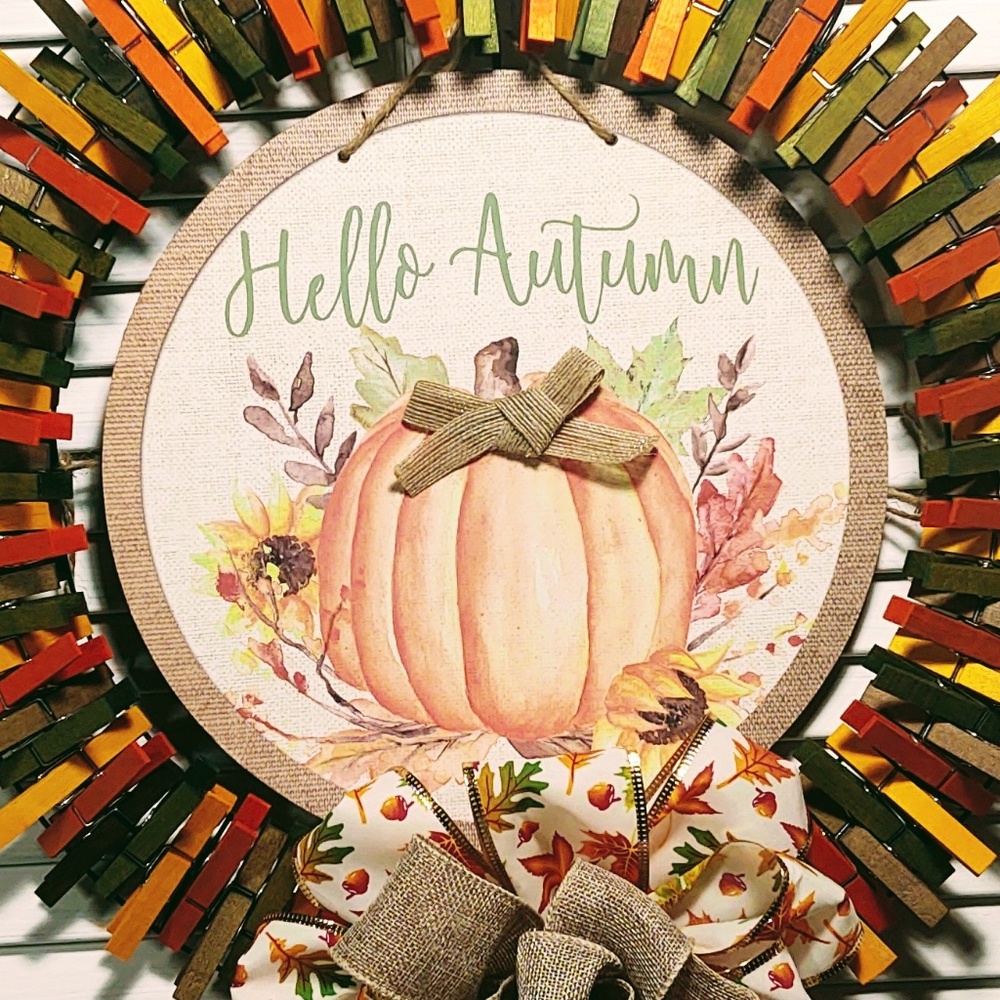 Hand Crafted Fall Clothespin Wreath - Picture 2 of 7